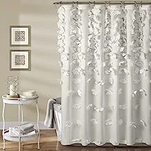 Lush Decor Riley Shower Curtain Bow Tie Textured Fabric Vintage Chic Farmhouse Style Bathroom Decor, 0, White