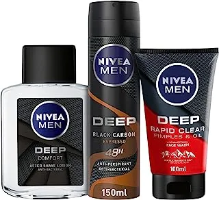 NIVEA MEN Skin Care Routine Pack: Face Wash, DEEP Pimples and Oil Antibacterial, 100ml+After Shave Lotion, DEEP Antibacterial Black Carbon, 100ml+Antiperspirant, DEEP Black Carbon Antibacterial, 150ml