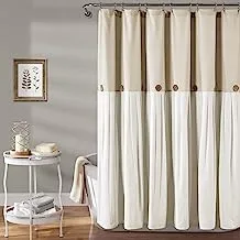 Lush Decor Linen Button Farmhouse Shower Curtain Pleated Two Tone Design for Bathroom, 72