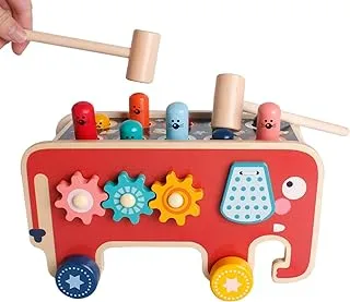 Arabest Wooden Hammering and Pounding Toys, Peg Pounding Bench, Elephant Gopher Toy, Montessori Toys Desktop Hitting Mouse and Hamster Game, Toddler Drag Hammer Toys Boys and Girls Gift with 2 Mallets