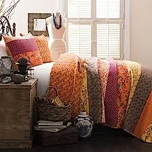 Lush Decor Royal Empire Reversible Cotton Quilt Set - 3 Piece Striped Bedding Set - Bold & Colorful Bohemian Patterns - Soft Cotton Feel - Full/Queen, Tangerine