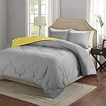 Comfort Spaces Vixie Reversible Comforter Set - Trendy Casual Geometric Quilted Cover, All Season Down Alternative Cozy Bedding, Matching Sham, Grey/Yellow, Full/Queen 3 piece