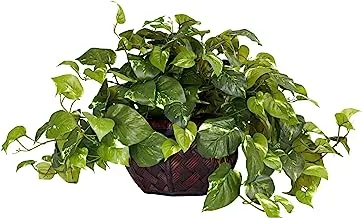 Nearly Natural 6681 15in. Pothos with Decorative Vase Silk Plant,Green,17.5