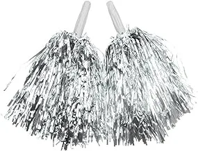 Goldedge Metallic Foil Plastic Cheerleading Pom Poms with Baton Handle for Stage Performance 2-Pieces Set, Silver