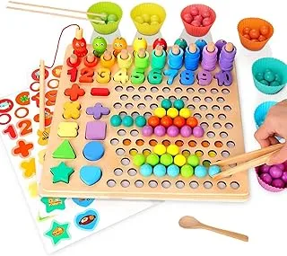 Joyzzz Wooden Peg Board Toy, Number Puzzle Montessori Toy Magnetic Fishing Game for Toddlers, Bead Counting Shape Sorter Game, Preschool Education Math Stacking Block Learning for Age 3+