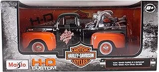 Maisto Diecast H-D Custom 1:24 Harley Davidson Ford 1948 F-1 Pickup and 1958 FLH Duo Glide Motorcycle, Orange/Black