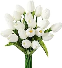 Xspring White Tulips Artificial Flowers, 20 pcs PU Fake Tulips Real Touch, Artificial Tulips Flowers for Wedding Bouquet Centerpiece Floral Party Wedding Home Office Room Decor