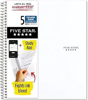 Five Star Spiral Notebook + Study App, 5 Subject, College Ruled Paper, Fights Ink Bleed, Water Resistant Cover, 21.6 cm x 28 cm, 200 Sheets, White (72460)