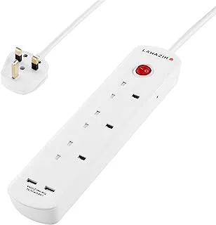 Lawazim Heavy Duty 3 Way Extension cord Electrical Socket Outlet with on/off buttons Surge Protection Plug with safety shutter & 2 USB Port 2990W | 3 Meters | 13A Fused Plug
