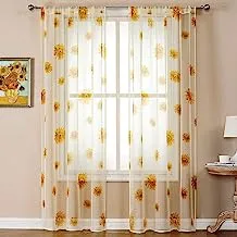 Joyzzz Sheer Curtains, 2 Panel Sunflower Curtains, Sheer Curtains Rod Pocket Transparent Tulle Window Floral Drape Panel for Bedroom Living Room