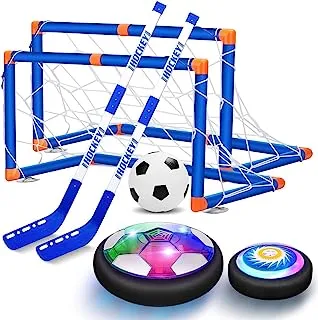 Hover Soccer Hockey 2 in 1 Ball Game Set for Indoor Outdoor Sports With 2 Goals, Rechargeable Floating Air Soccer Ball with Led Light and Foam Bumper, Football Game Set, Hovering Hockey Game Set