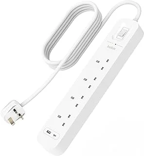 Belkin 4-Outlet Surge Protector Power Strip, Wall-Mountable with 4 AC Outlets, 2M Power Cord, & Green Indicator Light - USB-C Port & USB-A Port w/USB-C PD Fast Charging - 525 Joules of Protection