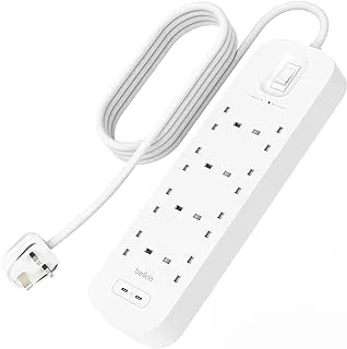 Belkin 8-Outlet Surge Protector Power Strip, Wall-Mountable with 8 AC Outlets, 2M Power Cord, & Green Indicator Light - 2 USB-C Ports w/USB-C PD Fast Charging - 900 Joules of Protection