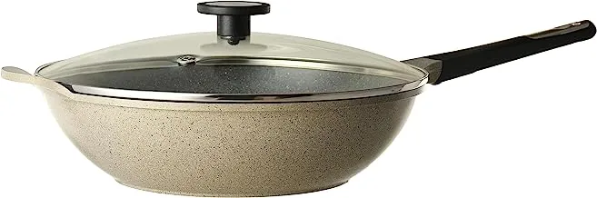 Neoflam Granite Frying Pan with Glass Lid, Beige 34 cm Size, 117843