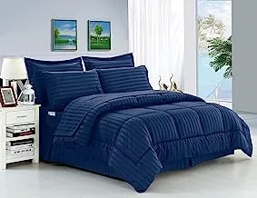 Elegant Comfort® مقاومة للتجاعيد - سرير مزدوج حريري ناعم مقلم سرير في حقيبة طقم لحاف 8 قطع - هيبوالرجينيك - أزرق كحلي كينج
