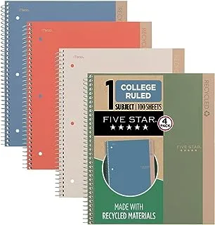 Five Star Spiral Notebooks Plus Study App, 1 Subject, College Ruled, 100 Sheets, 21.6 cm x 28 cm, Recycled, Assorted Colors, 4 Pack (820046)