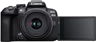 كاميرا Canon EOS R10 بدون مرآة + RF-S مقاس 18-45 مم F4.5-6.3 هي عدسة STM (كاميرا هجينة، ترقية DSLR، 15 B/s، فيديو 4K، نظام تركيز Dual Pixel CMOS AF II، واي فاي)، أسود