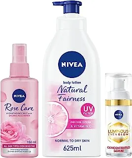 NIVEA Morning Skin Care Routine Pack: Concentrated Face Serum, LUMINOUS630 EVEN GLOW, 30ml + Rose Care Face Mist Hydrating, 150ml + Natural Glow Even Tone Body Lotion, 625ml