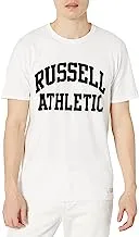 تي شيرت Russell Athletic للرجال بأكمام قصيرة من خليط القطن Dri-Power، ماص للرطوبة، حماية من الروائح، عامل حماية من الأشعة فوق البنفسجية 30+، مقاسات S-4X