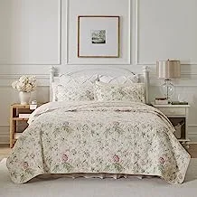 Laura Ashley Home - طقم لحاف مزدوج ، سرير قطني قابل للعكس مع غطاء مطابق ، ديكور منزلي خفيف الوزن لجميع الفصول (وردي زهري / أخضر ، مزدوج)