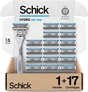 Schick Hydro Dry Skin Razor, 1 Razor Handle and 17 Cartridges | Razors for Men, 5 Blade Razor Men, Mens Razors for Shaving, Razor Blades for Men, 1 Handle with 17 Razor Blades Refills