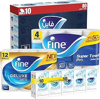 Fine Family Bundle, Fine Classic Facial Tissue 10 Packs x 2 Ply, Fine Super Towel Kitchen 4 Rolls x 2 Ply and Fine Deluxe Toilet Paper 12 Rolls x 3 Ply