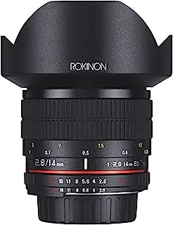 عدسة زاوية واسعة للغاية من روكينون AE14M-C 14 ملم F / 2.8-22 مع شريحة مدمجة لكاميرا كانون Ef الرقمية SLR ، أسود