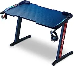 SKY-TOUCH Gaming Desk,Ergonomic Computer and Gaming Table Z Shaped for Pc, Workstation, Home, Office with LED Lights Carbon Fiber Surface,Cup Holder and Headphone Hook,Blue120×60×75cm