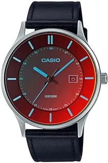Casio Unisex Watch Analog Date Display Red Dial Polarized Glass Leather Band MTP-E605L-1EVDF