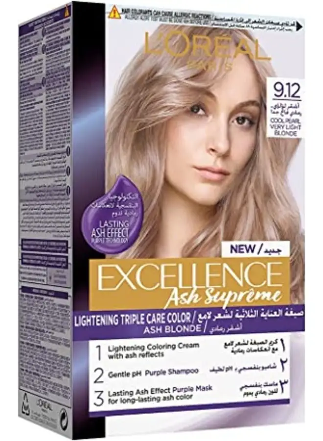 L'OREAL PARIS L'Oreal Paris Excellence Hair Dye with Purple Shampoo and Hair Mask, 9.12 Cool Pearl Very Light Blonde 192ml