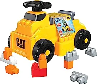 Mega Bloks CAT Build 'n Play Ride-On Building Set, 10 big building blocks and 1 ride-one vehicle with free-spinning steering wheel and 4 building surfaces, toy gift set for ages 1-3