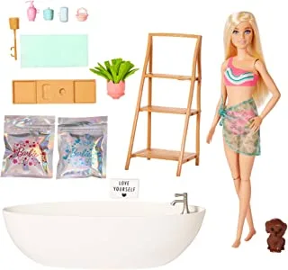 Barbie Doll and Bathtub Playset with Puppy, Kids Toys, Blonde, Colorful Confetti Soap and Accessories, Self-Care and Wellness Theme, HKT92