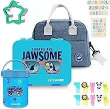 Eazy Kids 6/4 Compartment Bento Lunch Box w/Lunch Bag and Steel Food Jar Jawsome-Blue