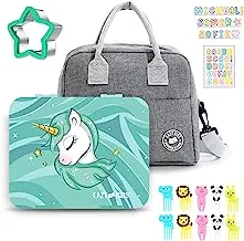 Eazy Kids Unicorn Green 6/4 Compartment Bento Lunch Box w/Lunch Bag-Grey