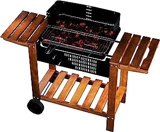 Charcoal barbecue: steel hearth 56 x 41 cm on wooden trolley. Delivered with cooking grid 53 x 38 cm and painted windshield (5 positions).
