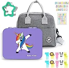 Eazy Kids Unicorn Purple 6 Compartment Bento Lunch Box w/Lunch Bag-Grey