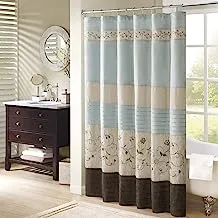 Madison Park Serene Shower Curtain Faux Silk Embroidered Floral Machine Washable Modern Home Bathroom Decorations, 72x72, Blue