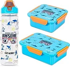 مجموعة صندوق غداء للأطفال من إيزي وزجاجة مياه تريتان مع غطاء قلاب للشرب 2 في 1 و Sipper Jawsome - أزرق