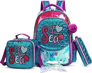مقلمة حقيبة مدرسية للأطفال مقاس 17 بوصة من إيزي ، مجموعة من 3 مقلمة بحر حورية البحر - أخضر