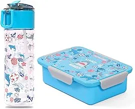 صندوق غداء للأطفال وزجاجة ماء تريتان مع صندوق الوجبات الخفيفة من إيزي ، سمك القرش - أزرق ، 450 مل