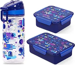 Eazy Kids Lunch Box Set and Tritan Water Bottle w/Carry handle, Astronauts - Blue, 420ml