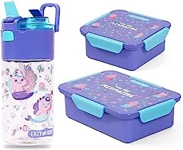 Eazy Kids Lunch Box Set and Tritan Water Bottle w/Snack Box, Mermaid - Purple, 450ml