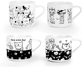 Shallow 330 Ml Porcelain Ceramic Cup Tea Cup Coffee Mug, Assorted Black & White Kitty & Pets Design