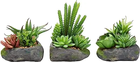 Pure Garden Artificial Succulent Plant Arrangements in Faux Stone Pots, 3 Piece Set in Assorted Sizes, Lifelike Greenery Home Decoration