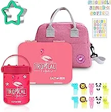 Eazy Kids 6/4 Compartment Bento Lunch Box w/Lunch Bag and Steel Food Jar Tropical -Pink