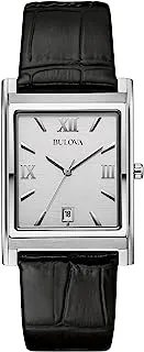 Bulova Men's Stainless Steel 3-Hand Calendar Date Quartz Watch with Black Leather Strap, Rectangle Dial Style: 96B107, Silver, Classic Quartz Silver-Tone Stainless Steel Strap