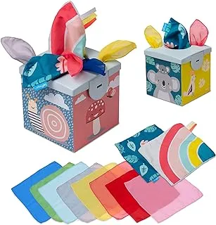 Taf Toys Sensory crinkle tissue Box for Toddlers. Made of Strong durable Cardboard Box & Plastic lid STEM Montessori Toy Colorful soft Scarves and Crinkling Blankies, Educational & Sensory Development