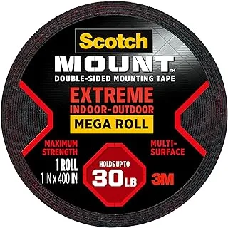 Scotch Mount Extreme Tape Mega Roll 1 in x 400 in. (25.4mm x 10.16m) | 1.5 m Holds up 13.6 kg | Black color | Higher Adhesion | Multi-Surface | No Tools | Double Sided Adhesive Tape | 1 roll/pack