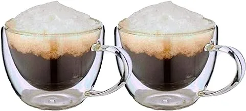 مجموعة أكواب القهوة مكونة من 2 (2.7 أونصة، 80 مل) - أكواب زجاجية معزولة بجدار مزدوج مع مقبض، أكواب أكواب القهوة اليومية مثالية لآلة الإسبريسو وصانع القهوة (80 مل/2.7 أونصة)
