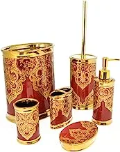 Saudi Ceramics NWAKTH Bathroom Accessories 6-Pieces Set, Gold/Red